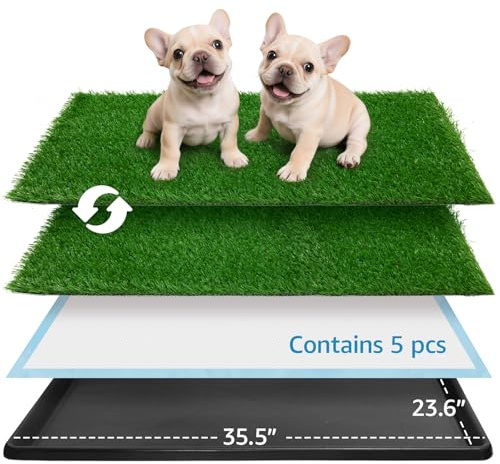 Oiyeefo Grass Pad for Dogs Potty: 35.5” x 23.6” Indoor Dog Grass Pad with Tray 2 Pcs Replacement Artificial Grass Mats-5 Pics Disposable Puppy Pads for Puppy Training Apartment,Balcony & Apartment Use