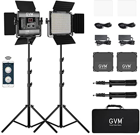 GVM 2 Pack 480 LED Video Lighting Kits with APP Control, Bi-Color Variable 2300K~6800K with Digital Display Brightness of 10~100% for Video Photography, CRI97+ TLCI97 Led Video Light Panel +Barndoor