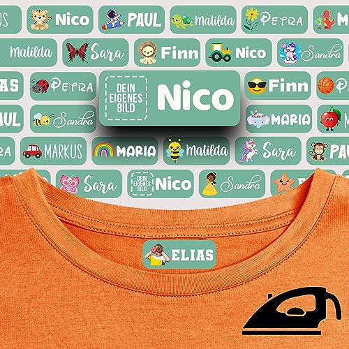 60 personalisierte Namensaufkleber für Kinder (30x13mm) mit eigenem Foto/Bild Namen Wascheetiketten Namensetiketten für Kleidung Schule Kindergarten Kita aufbügeln (Rainbow Set)