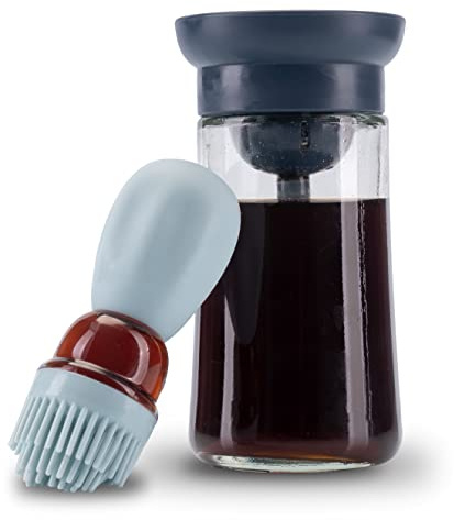 Fino Casa 2in1 Ölflasche mit Pinsel Ölspender Ölsprüher mit Silikonpinsel Glasflasche zum befüllen mit 180ml Öl oder Essig mit Backpinsel (Hell-/Dunkelblau)