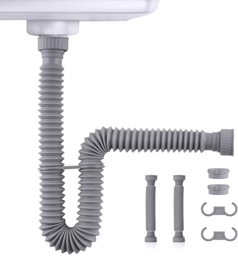iFealClear 2 Pack P-Trap Drain Pipe, Flexible Sink Drain Pipe with 4 Rubber Sealing Rings, Expandable 11-34.5 P Trap Tube Fits 1-1/2'', 1-1/4'' Holes for Kitchen, Bathroom, Garbage Disposal, Gray