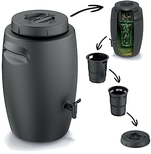 Bidone per compost bio, per la produzione di fertilizzante con rubinetto, 55 l, nero, antracite, compostiera per rifiuti biologici