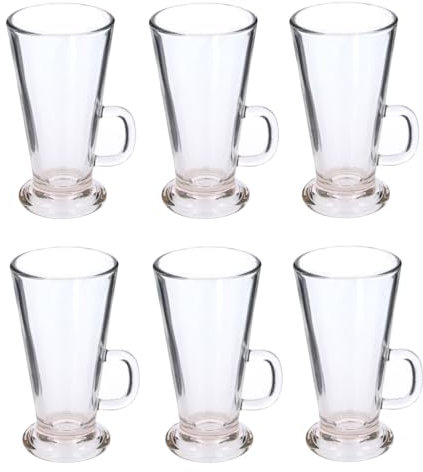WARESHARK Juego de 6 vasos altos para café y té, vidrio resistente al calor, tazas de café con asa, ideales para jugo de leche, capuchino, espresso y chocolate caliente (280 ml)