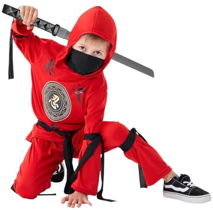 Udekit Röd Ninja-kostym med huva, byxor, band och leksakssvärd för barn, Halloween-cosplayfest för 4 till 6 personer