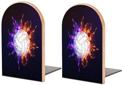 Quteprint Buchstützen aus Holz für Regale, Schreibtisch-Buchstützen, 2 Stück, Feuervolleyball-Ball, dekorativ, Büro, Zuhause, Schule, Buchhalter, robuste Buchstopper für Filme, Bücher, Größe M (12,7 x