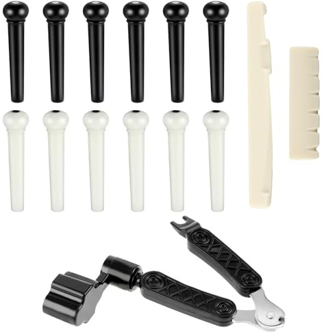 12 Stück Gitarre Bridge Pins Stifte Weiß Schwarz Akustikgitarren Stegstifte 2 Sattel 1 Stimmgerät Gitarren Werkzeug für Akustikgitarre Kompatibel mit Mehreren Gitarrenmodellen Stabile Stimmung