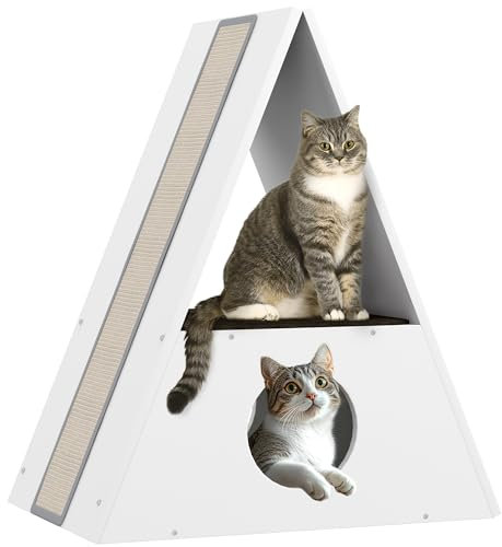 PawHut Niche Chat 2 Niveaux, Maison pour Chat, lit pour Chats d'intérieur avec 2 Tapis et 4 griffoirs en sisal, cachette Confortable, cabane pour Chats en Bois, Blanc et Beige