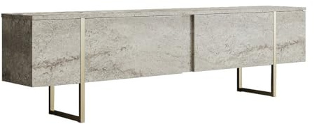 Hanah Home Elegant TV Stand with Metal Legs, Travertine & Gold Finish, 180 x 30 x 50 cm | 100% Melamine Coated Particle Board, 18 mm Thick | Stylish Marble Design for Modern Living Rooms