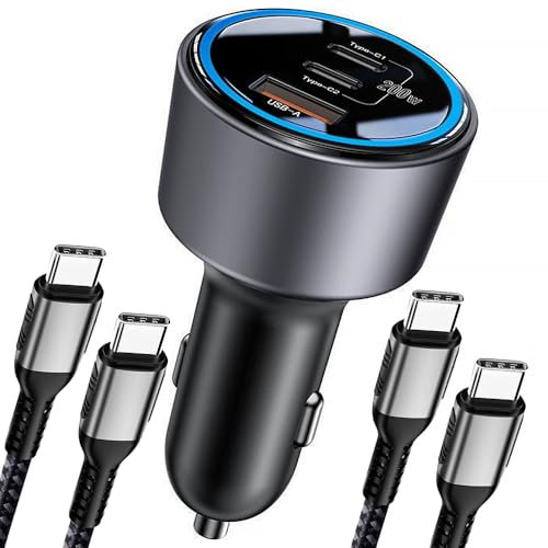 200W Auto ladegerät, USB C 100W Zigarettenanzünder PD3.0 QC4.0 PPS Fast Charging Car Adapter mit 2 100W USB C Kabel 3 Port Car Charger für Dell XPS, MacBook, iPhone 16, Galaxy S24 Ultra, iPad Pro