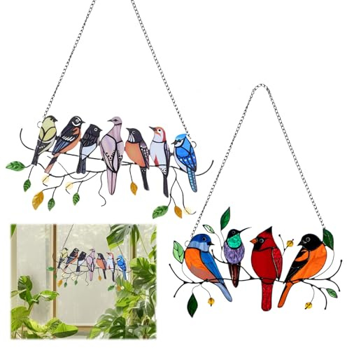 2 PCS Bird Wall Decor Garden Fence Decorations,Birds On A Wire Garden Ornaments Outdoor,Multicolor Birds on a Wire Window Suncatchers Hanging Ornament, for Outdoor Garden Home Window Fence Decorations
