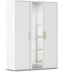 Rauch Möbel Hamilton, Kleiderschrank, Schrank, Garderobe, Organizer, 3-türig, mit Spiegel, Farbe Weiß, Holzgriff Eiche Massiv, 140x194x54cm