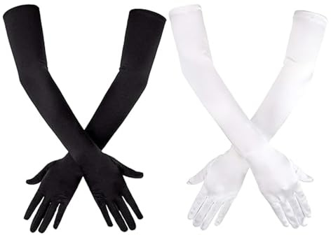 Guyode 2 Paires Satin Gant Femme Longs 53cm, Gants de Soirée Annee 20 Femme de Costume de Soirée de Mariage de Mariée, Accessoires Élégants pour Halloween Carnaval Opéra Danse (Noir + Blanc)