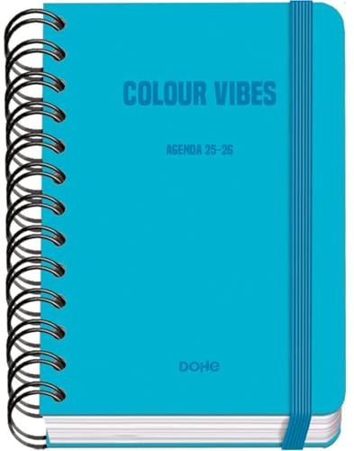 Dohe - Skolkalender 2025 2026 - Dag per sida, Storlek A6 (12x17 cm), Spanska och Engelska, Dubbelspiralbindning och Resårband, Hårt omslag, 4 Klistersidesark - COLOUR VIBES Cyan