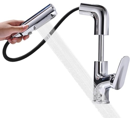 Mitigeur de Lavabo avec Douchette Extractible, BuntHaus Robinet Lavabo Réglable en Hauteur, Mitigeur Salle de Bain Pivotant à 360° avec 3 Jets, Robinetterie en Acier Inoxydable Chromé Brillant