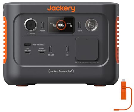 Explorer - Power station portatile 240 v2, con adattatore Jackery DC8020 a USB C, 256 Wh LifePO4 con uscita USB C da 300 W, uscita USB C, per campeggio, viaggi, emergenza