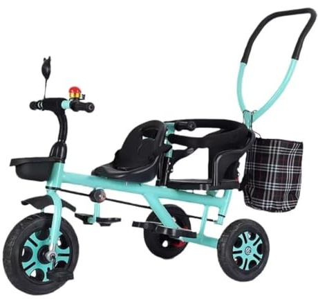 Toddler Stroller with Parent Pushrod, 2-in-1 Kids Trolley Tricycle for Age 2-5, Dual Seats Twins, Rear Seat Armrest and Guardrail(Green)
