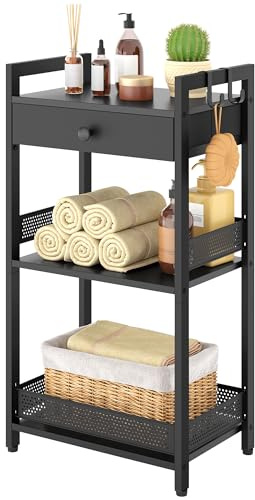 FAVOOSTY Bathroom Ladder Shelf, 3-Tier Bathroom Floor Storage Shelf with Drawer, Freestanding Towel Shelf, Bookcase End Table Open Shelving Unit for Living Room,Balcony, Black