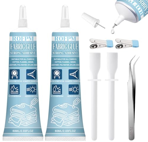 120ml Fabric Glue, Extra Strong Quick Bond Fabric Adhesive Machine Washable Quick Dry Hemming Adhesive for Clothes Repairs, Leather, Crafts, Upholstery, Material, Textile, Felt and Badges Clear 2 Pack