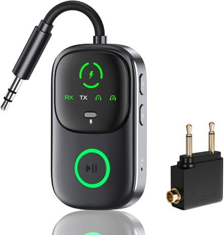 Émetteur Jack Bluetooth 5.4 pour TV, 2025 Nouveau Adaptateur Bluetooth Jack, 2 en 1 Transmetteur Récepteur pour Voiture Prise Aux 3.5 mm, Compatible avec 2 AirPods, Faible Latence, pour Enceinte/Avion