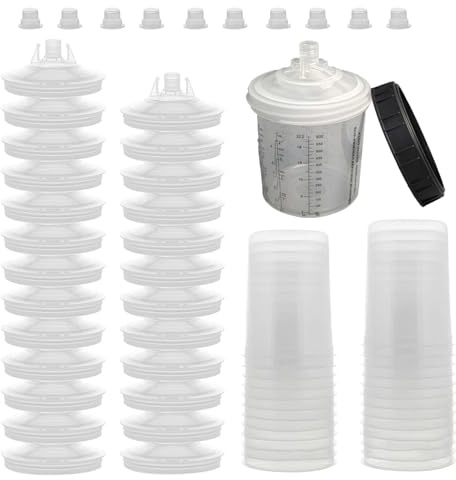 Tazza Di Vernice Usa e Getta 600 Ml Per Pistola a Spruzzo HVLP e LVLP,Kit Tazza Paint Mix,Kit Bicchieri Per Miscelazione Vernici Con 10 Tappi e 2 Adattatori Per Bicchieri,30 Tazze e Coperchi,30 Filtri