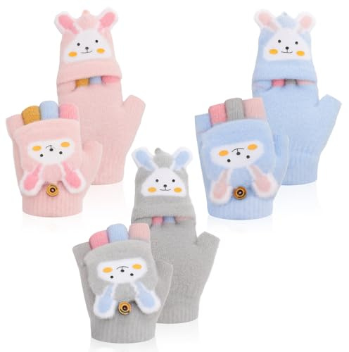 Meng Jiaran 3 Pairs Kids Fingerless Gloves, Warm Winter Convertible Flip Top Knitted Gloves, Rabbit Pattern, for Kids Boy Girls 3-10 Years