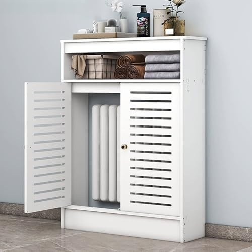 Armario de baño blanco con puertas con persianas, cubierta decorativa para radiador, enrutador WiFi grande, diseño de listones verticales, solución de almacenamiento elegante (39.3 x 39.3 x 7.8