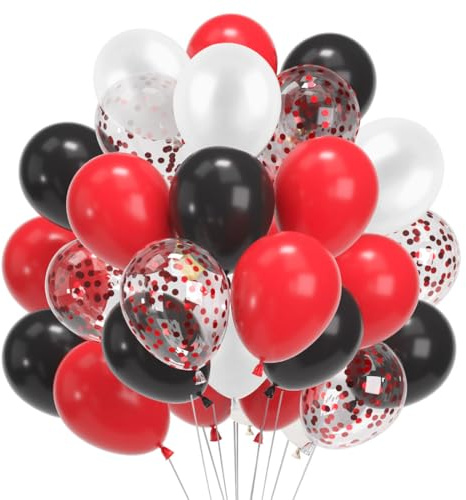 Luftballons Rot Weiß Schwarz, 60 Stück Rot Konfetti Latex Ballons, Rot Weiss Luftballons, 12 Zoll Helium Balloons für Piraten Thema Geburtstag Halloween Valentinstag Verlobung Hochzeit Graduierung