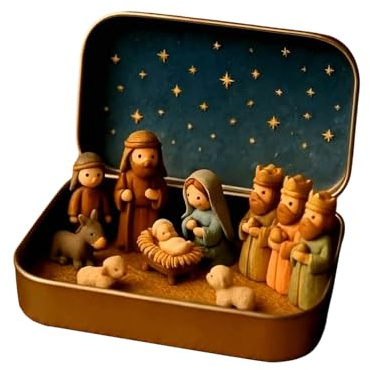 Mini presepe di Natale ambientato in una scatola di latta, statuine di Gesù tascabili portatili fatte a mano in resina, piccole statuine della Sacra Famiglia in scatola per tasche, scrivania,