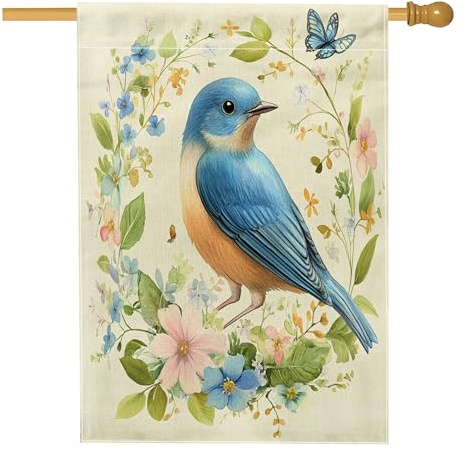 Spring Bluebird Vogelhaus-Flaggen, 71,1 x 101,6 cm, doppelseitig, Vintage-Blumenpflanze, Standard-Jute-Flaggen, Tier-Hinterhof-Flaggen, Outdoor-Dekoration
