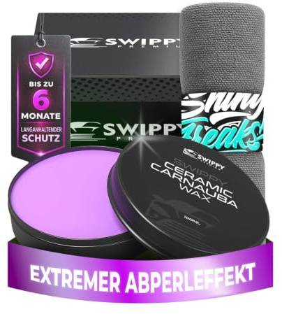 Swippy Ceramic Carnauba Wax (100ml) Premium Autowachs + Shiny Freaks Mikrofasertuch | Lackversiegelung mit extremem Abperleffekt - Keramikersiegelung Auto für starken Lackschutz & Glanz | 2-teilig