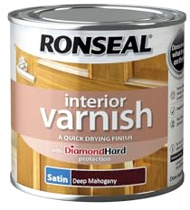 Ronseal RSLIVSDM250 250ml Quick Dry Satin Interior Varnish - Deep Mahogany | Fast-curing protective coating with enhanced abrasion resistance, touch dry in approximately 20 minutes.