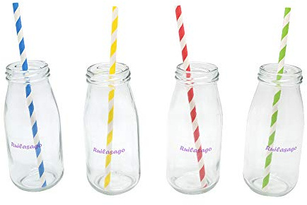 Ruilasago Mini Milk Glass Retro Regular Bottles with Bottle Lid Straw for Wedding Party BBQ 250ML Drinkware