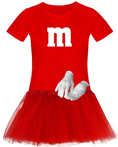 T-Shirt M&M + Tüllrock Karneval Gruppenkostüm Schokolinse 11 Farben Damen XS-3XL Fasching Verkleidung M's Fans Tanzgruppe, Gr.:M, Farbauswahl:rot - Logo Weiss (+Handschuhe Weiss/Tütü rot)