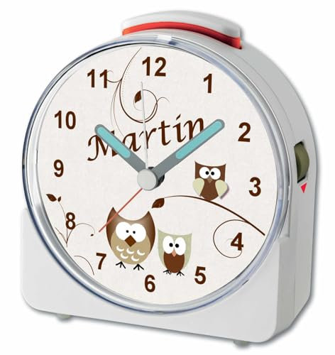 CreaDesign, WU-71-1007-08, Eule Beige, analog Kinderwecker weiß, Funkwecker mit Sweep-Uhrwerk und fluoreszierenden Zeiger und Licht, personlisiert mit Namen, 10,2 x 4,6 x 11 cm