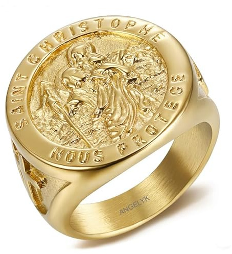 BOBIJOO Jewelry - Bague Chevalière Homme Saint Christophe Nous Protège Patron des Voyageurs Acier Or Plaqué Doré 316L - 66 (11 US)