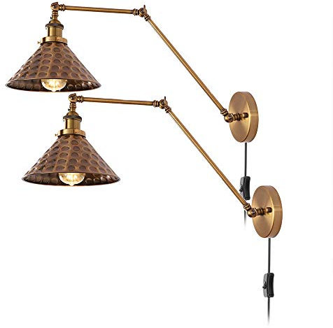 Industrial Vintage Wandleuchte mit Stecker Verstellbar Metall Langer Arm Innen Wandlampe Messingfarbigen, 1,8 m Kabel mit Schalter, E27 Wand-Leselampen Nachttischlampe, für Schlafzimmer Wohnzimmer