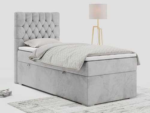 MKS MEBLE Grau Boxspringbett 90x200 - Doppelbett Polsterbett mit Multipocket-Matratze H3 und Topper - Stauraumbett mit Matratzenauflagen - Dalia