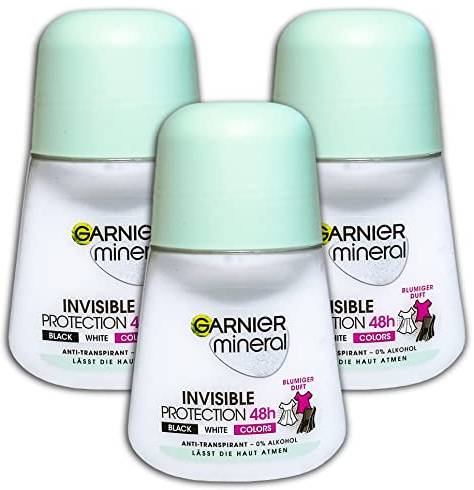 3 er Pack Garnier Mineral Invisible Black,White & Colors Roll-on Anti-Transpirant 3 x 50 ml