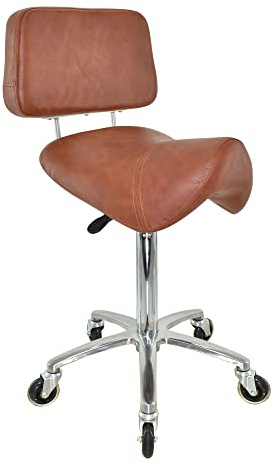VAKON SALON - Breiter Sattelhocker mit Lehne Hellbraun, Sattelstuhl für Rückenentlastung, Rollhocker höhenverstellbar von 55-75 cm Drehhocker, Praxishocker, Bürohocker, Arbeitshocker