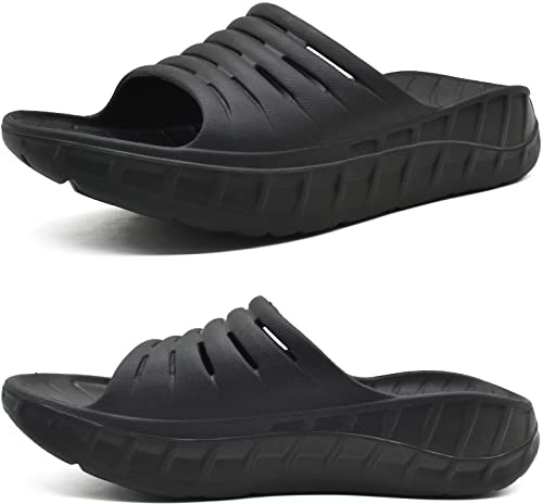 KuaiLu Sandalias de Recuperación Hombre Comodas Ortopedicas Fascitis Plantar Chanclas Caballero Soportes de Arco Ligera Abierta Deportivas Chancletas Verano Playa Piscina Goma Negro EU40