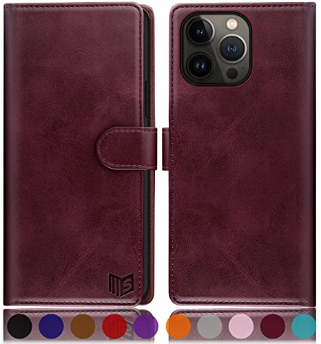 SUANPOT for iPhone 14 Pro 6.1 inch case with [Credit Card Holder][RFID Blocking],PU Leather Flip Book Protective Cover Women Men for Apple 14 Pro Phone case Wine Red