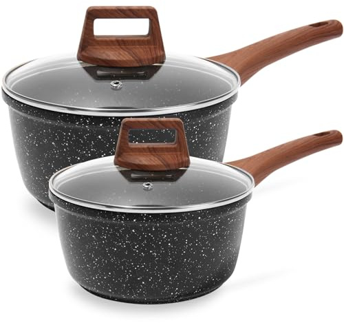ESLITE LIFE 1.5 QT & 2.5 QT Sauce Pan Set with Lids, Nonstick Small Soup Pot Compatible with All Stovetops (Gas, Electric & Induction), PFOA Free, Black