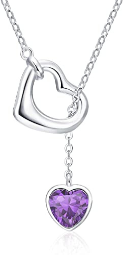 Qings Collar Mujer Corazón Colgante Amatista Plata de Ley 925 Febrero Collares Piedra Nacimiento con 5A Circonia Forma de Corazones Cumpleaños Navidad día de San Valentín Regalo para Madre Hija Niña