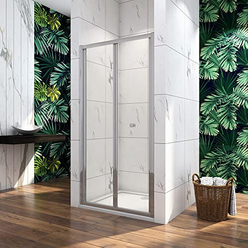 Acezanble 700x1900mm Bifold Shower Door 5mm Safety Glass with 700x700mm Shower Tray Free Waste