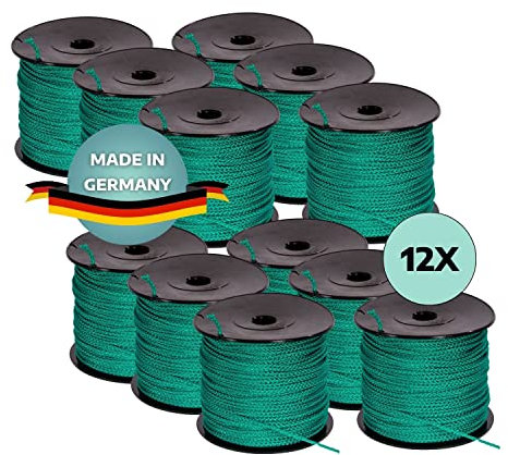 AWOTEX Pflasterschnur Grün 2,00 mm I 12 Rollen à 100 Meter I Richtschnur für Pflastern I langlebig & reißfest I Polypropylen Bauschnur auf PVC Rolle I Maurerschnur für Wasserwaage