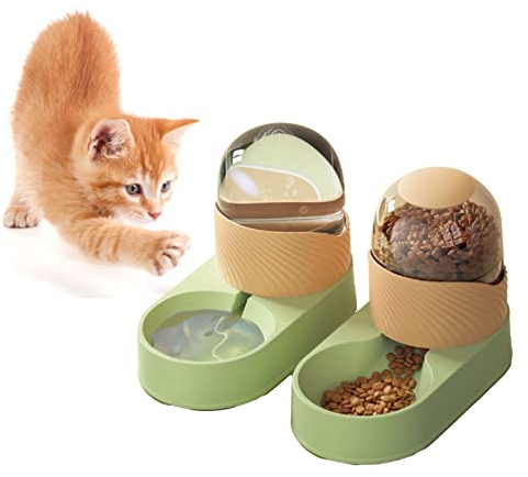Automatischer Haustier-Futterspender und Wasserspender-Kit, Transparenter Wasserspender für Haustiere, Abnehmbarer Automatischer Katzen-Futterspender, Tränke-Set für Hunde, (Grün-Orange)