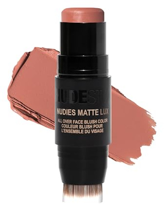 Nudestix Nudies Matte Lux – 3-in-1 Soft-Matte Blush Stick for Cheeks, Eyes & Lips with Built-In Brush | Cream-to-Powder Finish with Blurring Effect | Clean, Vegan, Travel-Friendly Makeup (Nude Buff)