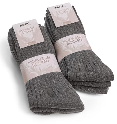 Basic Treasure 6 Paires Chaussettes Norvégiennes Laine, Gris Foncé, 43-46