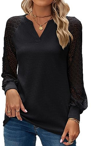 BAISHENGGT Baronin Tunika Damen V Ausschnitt T Shirt Raglan Spitzenärmel Bluse Shirts Lässige Elegante Streetwear Langarm Oberteil Tops Schwarz XXL