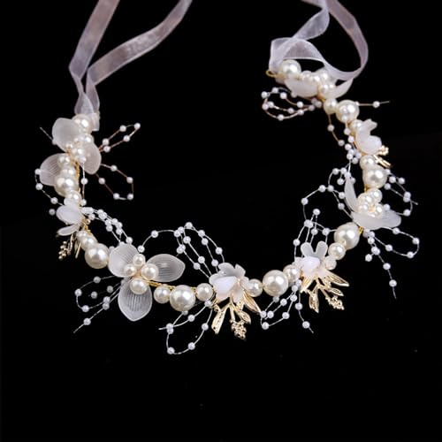 Whakano Blumenstirnband,Blumen und Perle Strass Blumen-Haarbänder,Haarschmuck Kommunion,Braut Blumenkranz,Hochzeits Haarschmuck Kopfschmuck für Damen und Mädchen,Hochzeit,Geburtstag,Party,Weiß